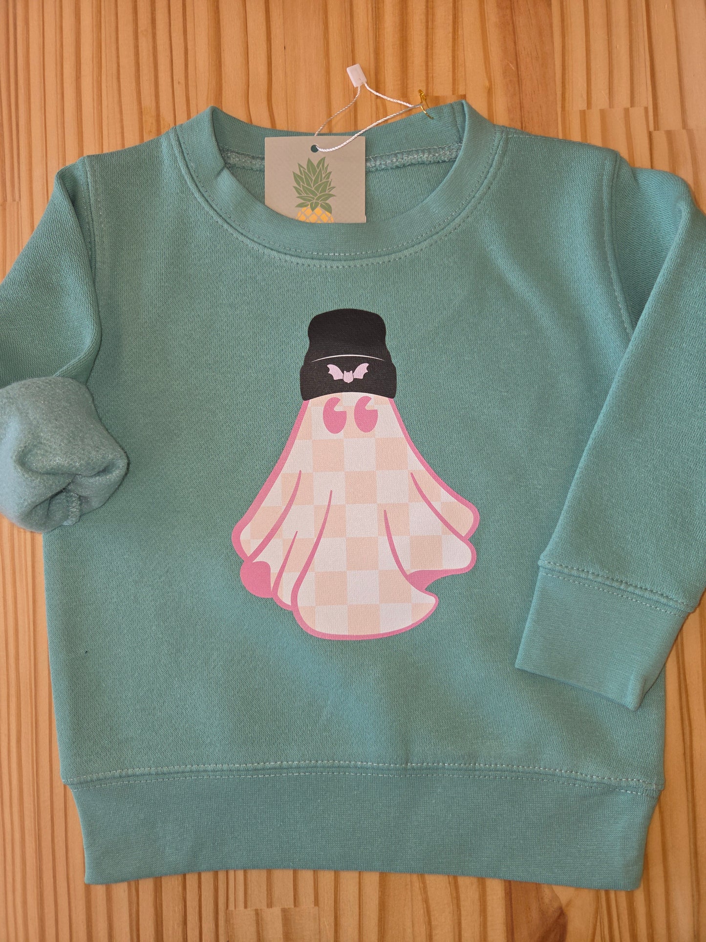 Kids Halloween Crewneck Sweatshirt – Rabbit Skins 3317 Toddler & Youth Fleece | Saltwater Pink Checkered Ghost Design