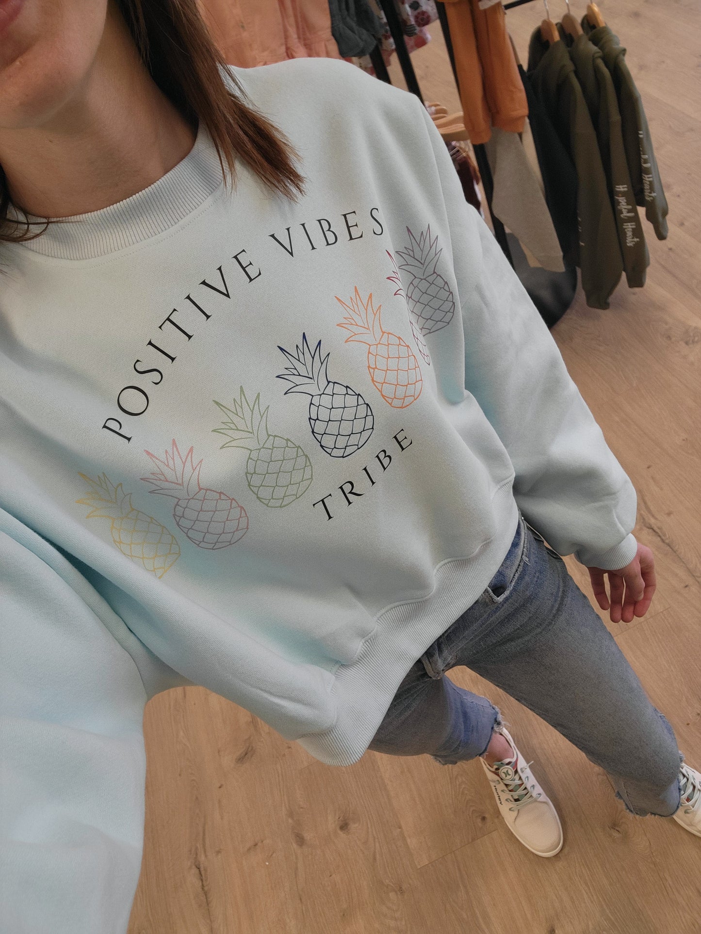 Cozy oversized crop sweatshirt for women, infertility awareness hoodie with Positive Vibes Tribe graphic