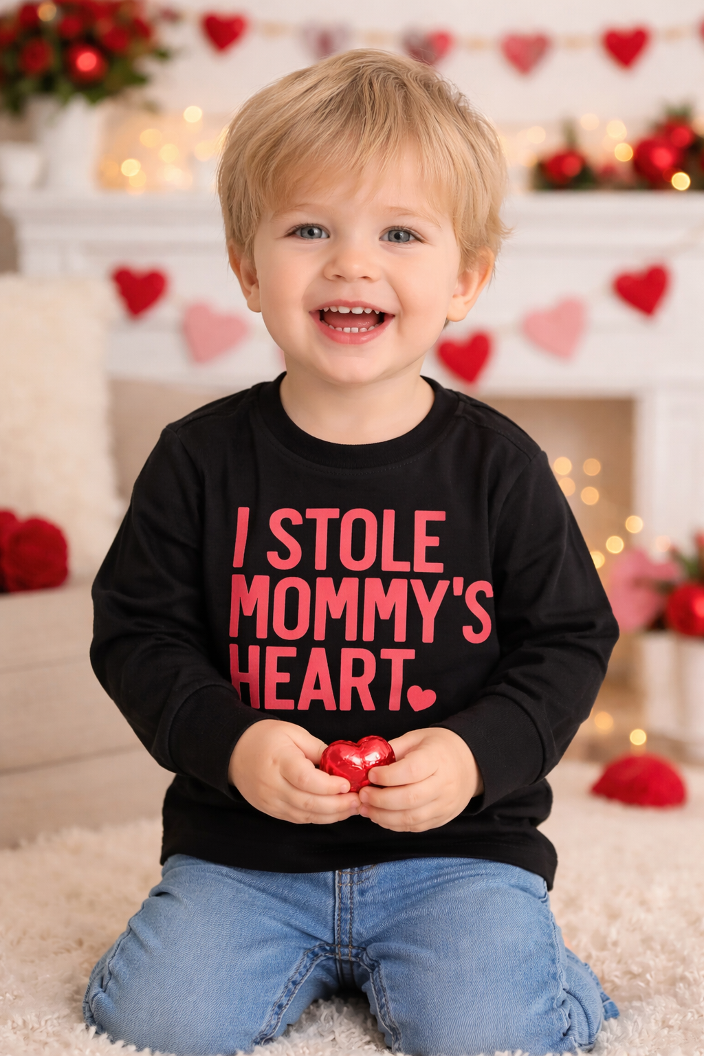 I Stole Mommy’s Heart Toddler Valentine Shirt – Black Long Sleeve Kids Valentine Top