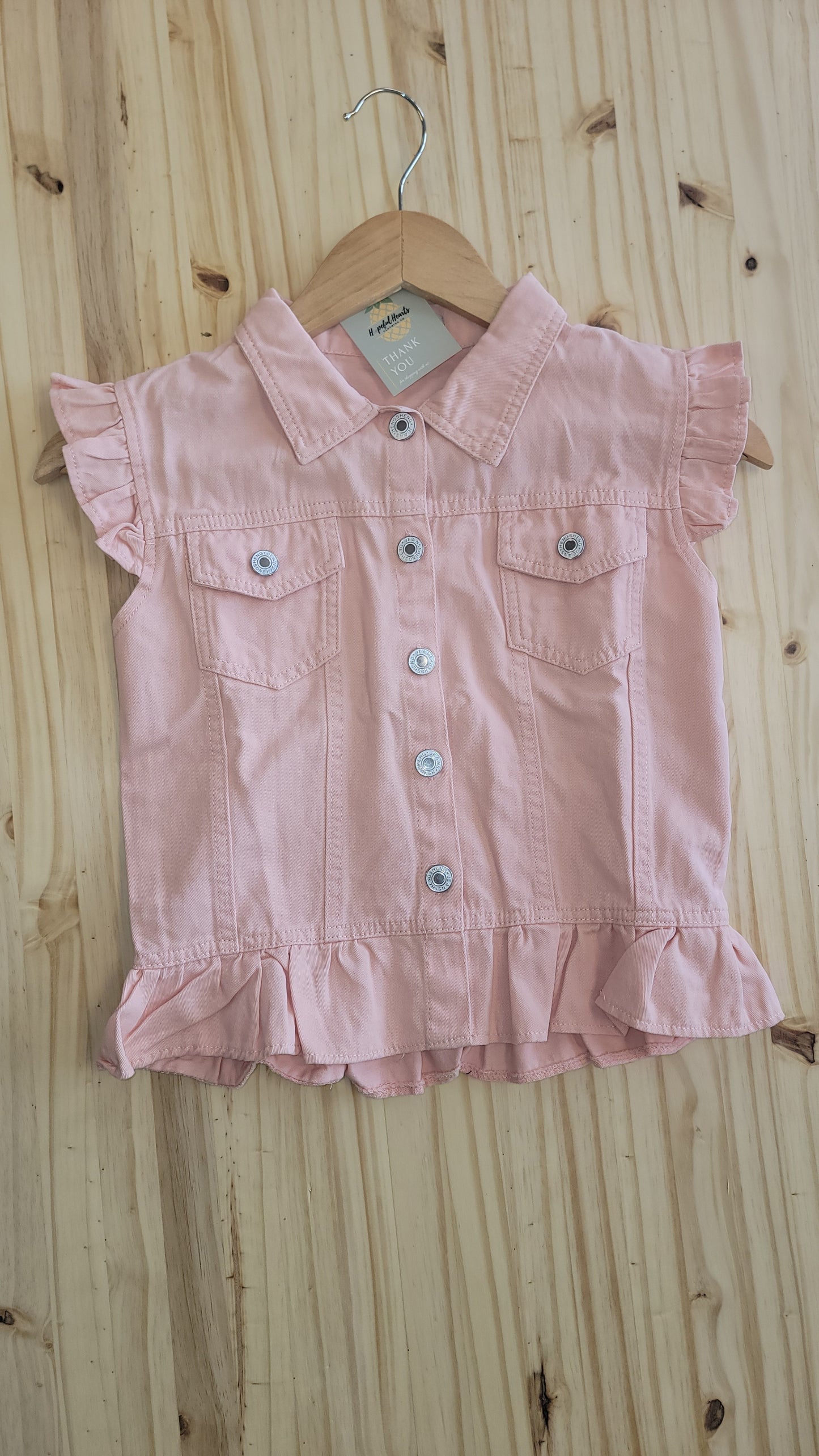 Youth girls’ denim vest, stylish distressed jean vest with ruffles, sizes 10–12