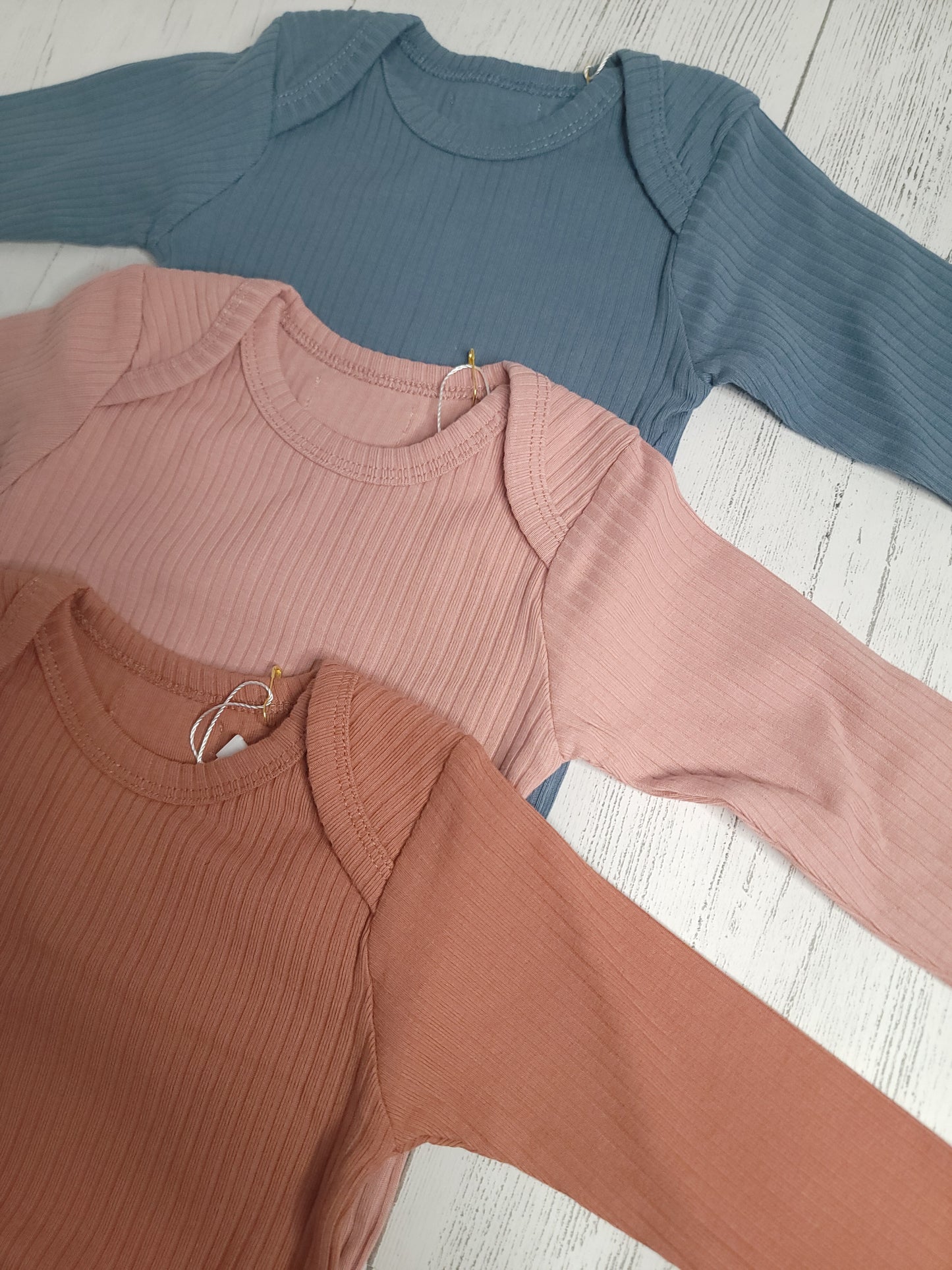 Organic Cotton Long Sleeve Ribbed Baby Onesie – Blue, Clay, & Rust Pink