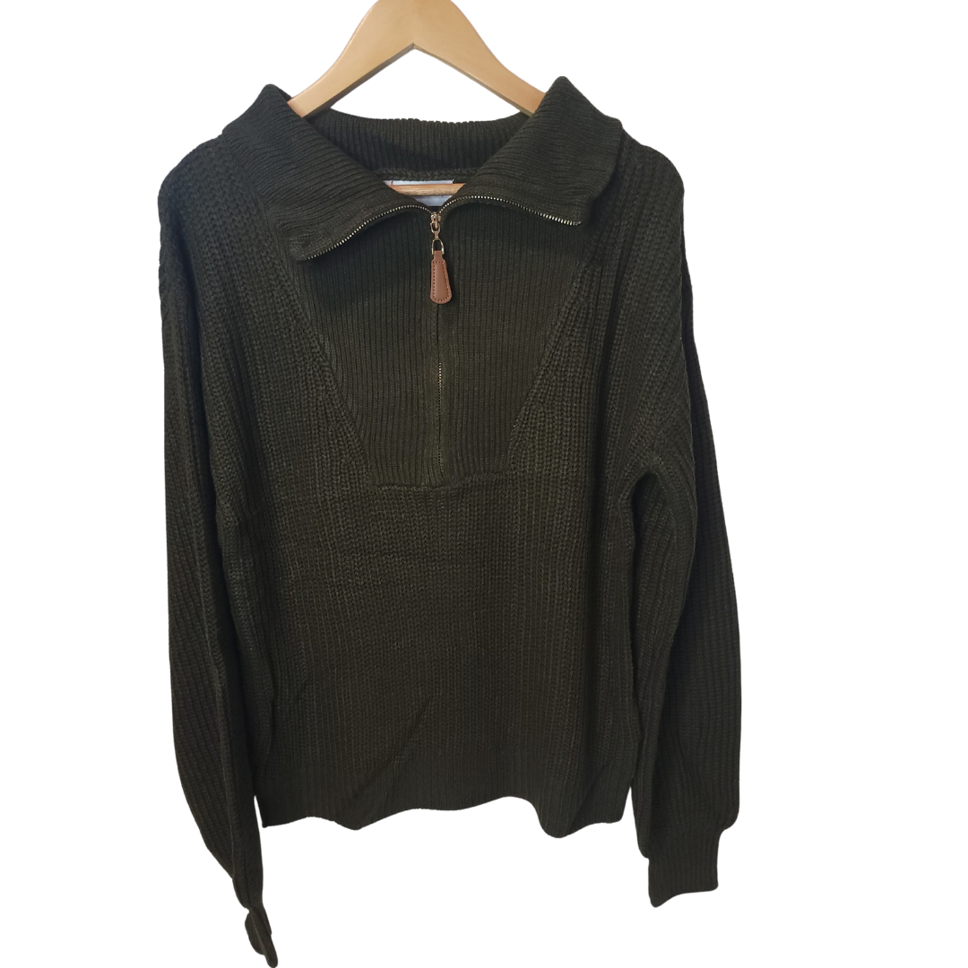 Dark Forest Green Essex Sweater – Mommy & Me Matching Quarter Zip with Lantern Sleeves