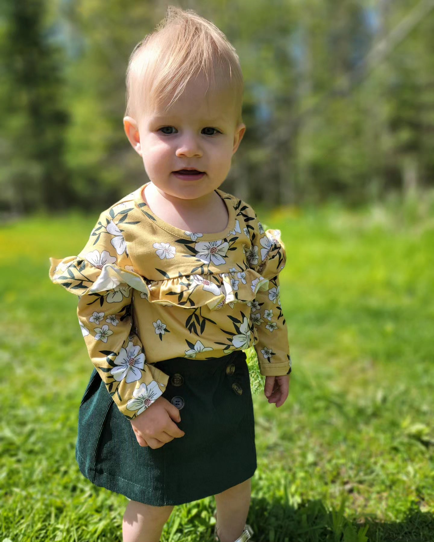 Amelia Floral Skirt Set – Mustard Ruffle Toddler Girls Outfit