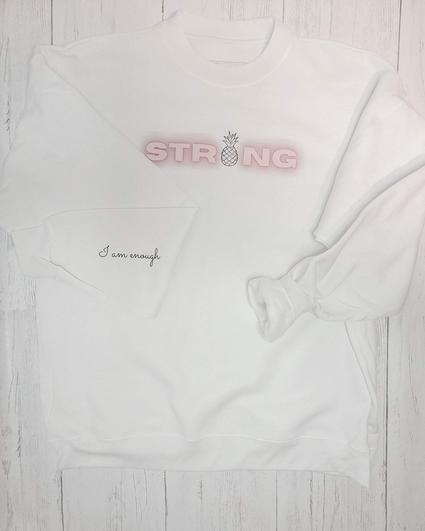 Strong Enough Crewneck – Infertility Awareness Sweatshirt with “I Am Enough” Sleeve