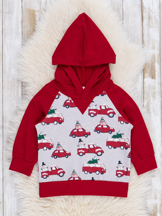 Home For Christmas Hoodie | Boys Holiday Hoodie with Cars & Tree Print