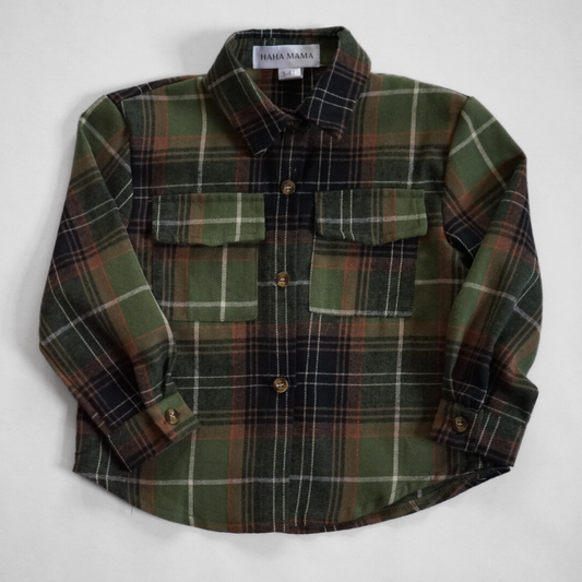 Lightweight green flannel shirt for kids with button-up front, cozy layering piece for fall and winter