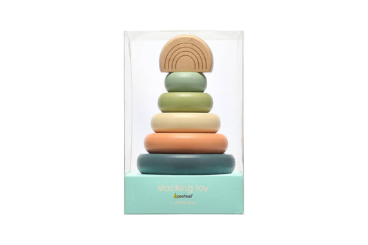 Bright multicolor wooden stacking tower, baby toy promoting fine motor skills and learning