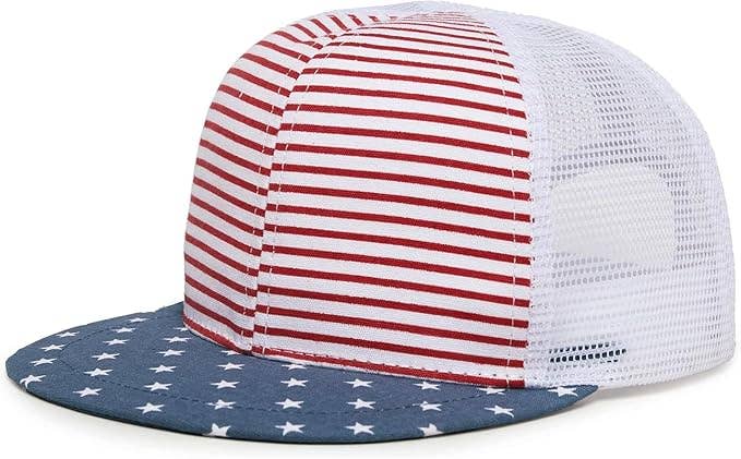 Flat Brim Trucker Hat – USA Flag Red, White & Blue (Kids)