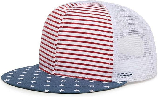 Flat Brim Trucker Hat – USA Flag Red, White & Blue (Kids)