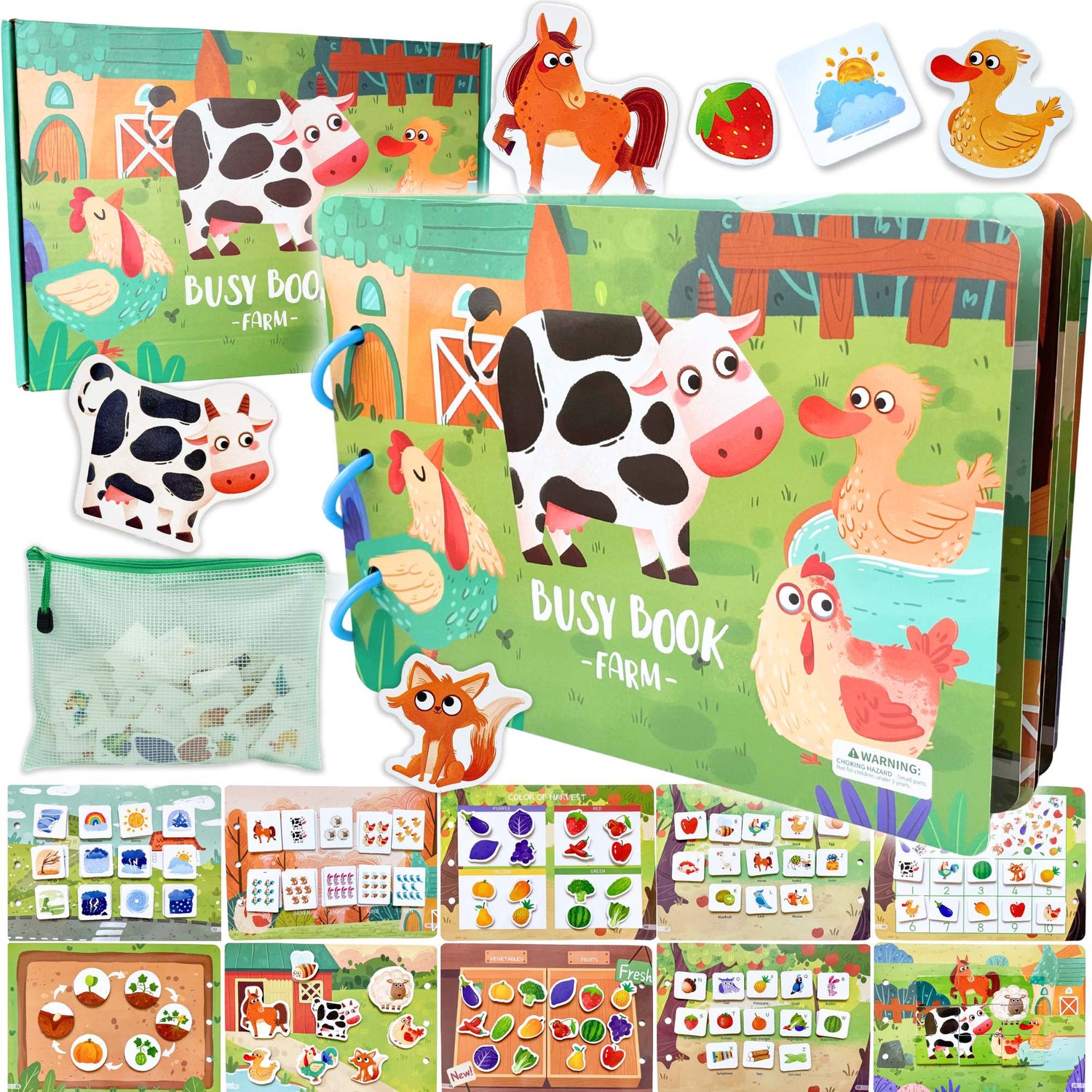 Farm Busy Book for toddlers, interactive Velcro activity book with 10 farm-themed pages