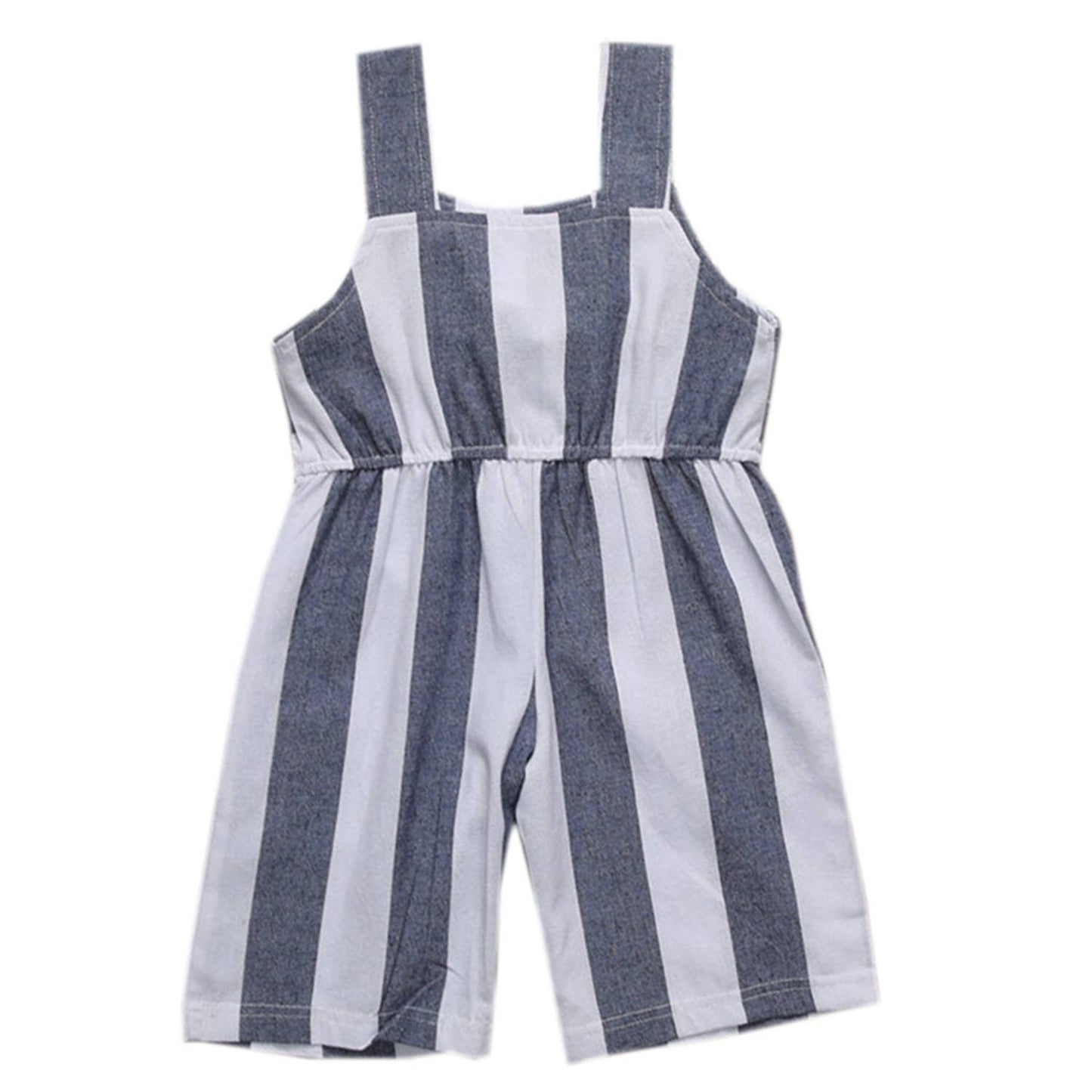 White & Grey Striped Sleeveless Girls Jumpsuit | Lightweight Summer Outfit for Kids