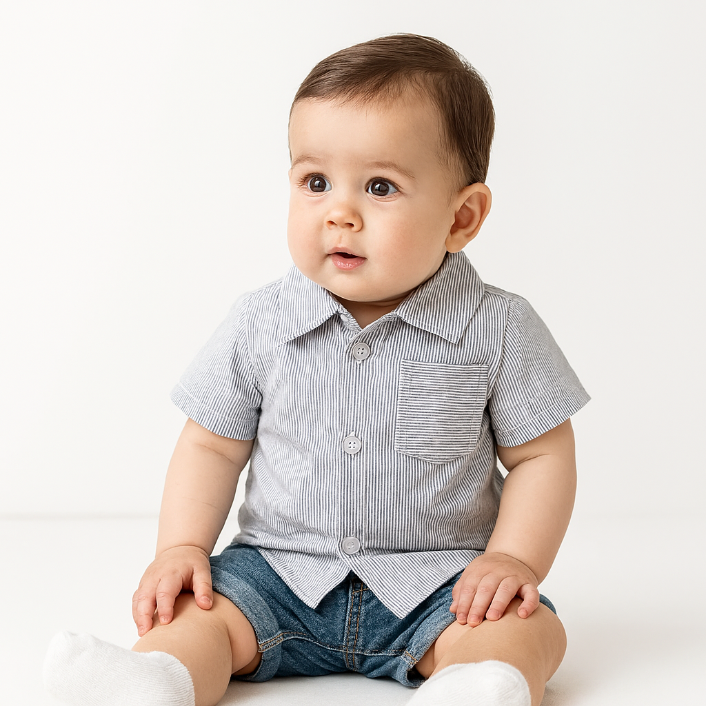 Grey Stripe Boys Cotton Button-Down Short Sleeve Dress Shirt | Lightweight Casual & Dress Outfit