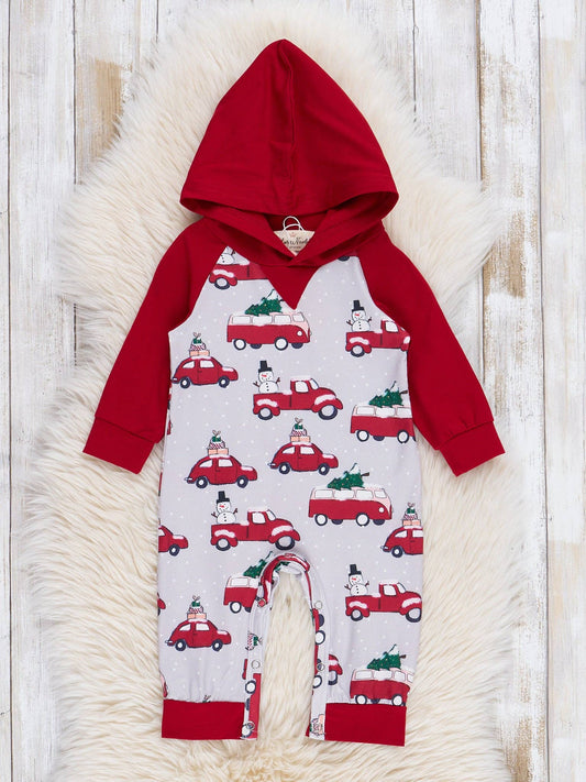 Home For Christmas Hooded Romper | Boys Holiday Romper with Cars & Tree Print