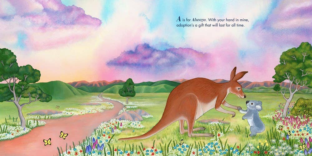 Interior page of A Is for Always showing letter A with colorful illustrations of adoptive animal families and gentle rhymes