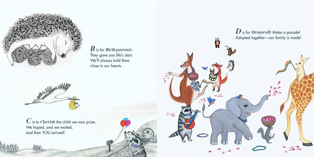 Interior page of A Is for Always showing letters B to D, featuring adoptive animal families with heartwarming illustrations and rhymes