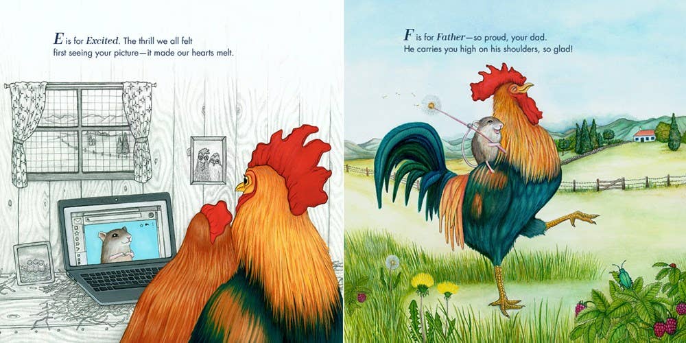 Interior page of A Is for Always showing letters E to F, gentle rhymes and colorful illustrations of adoptive animal families