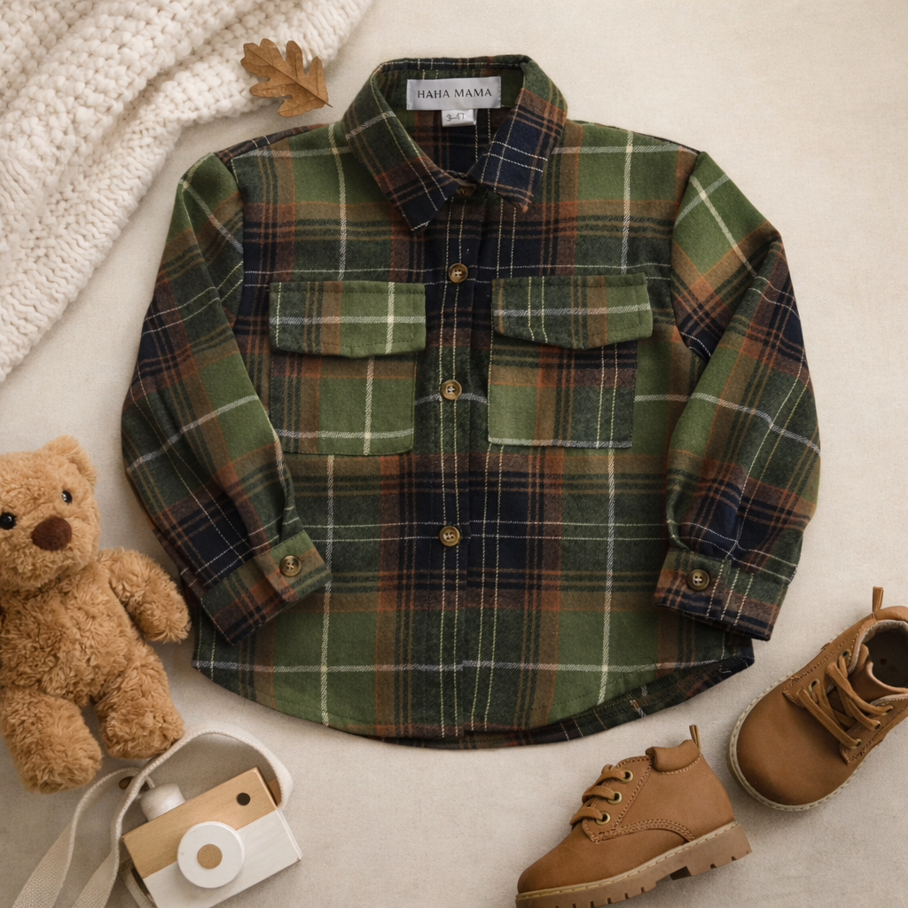 August Green Flannel Shirt for Kids – Lightweight Button-Up for Layering