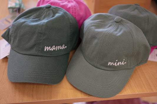 Mama & Mini embroidered baseball cap, adjustable cotton hat in pink and green for moms and kids