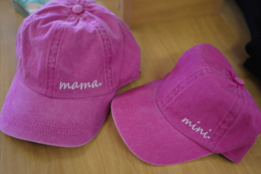 Adjustable pink and green cotton baseball hat, Mama & Mini embroidery, matching mom and child accessory