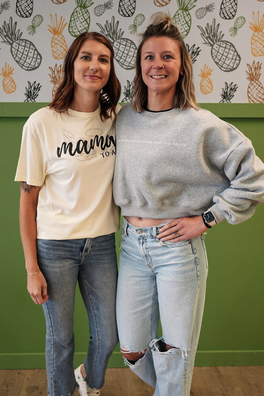 Dreamers Searching for the Truth oversized crop crewneck sweatshirt, infertility awareness apparel for women