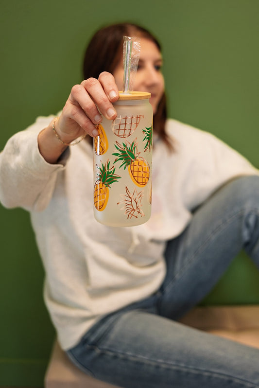 20oz glass tumbler with pineapple design, bamboo lid and straw, infertility awareness drinkware