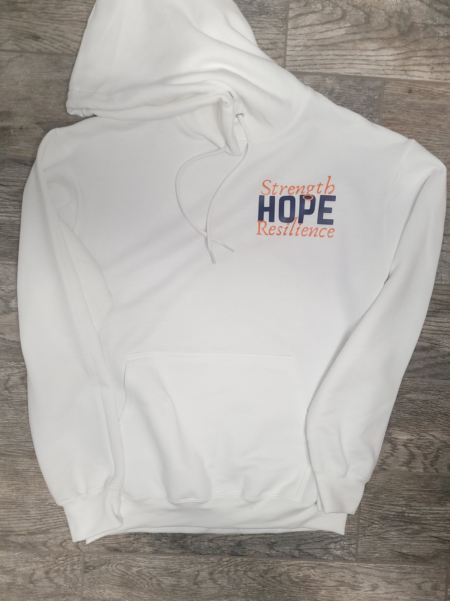 Flat lay of H.S.R. Hoodie front view featuring hope graphic, soft unisex sweatshirt symbolizing strength and encouragement