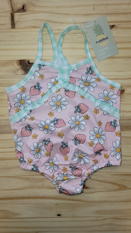 Kids pink floral strawberry one-piece swimsuit, girls UPF 50+ swimwear for beach and pool