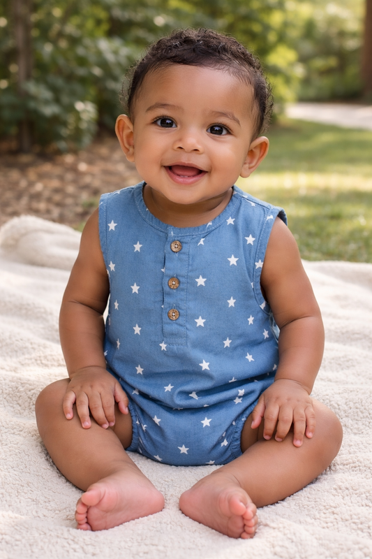 Baby boy sitting outdoors wearing a blue star-print romper with wooden buttons.