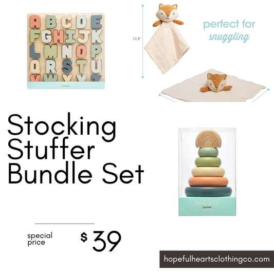 Stocking Stuffer Bundle Set – Montessori Rainbow Tower, Alphabet Puzzle & Fox Snuggle Blanket for Babies & Toddlers
