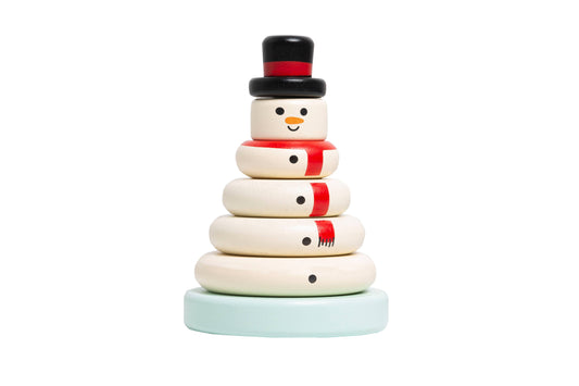 Wooden Snowman Stacking Holiday Toy fully stacked with blue base, five white rings, and black hat topper