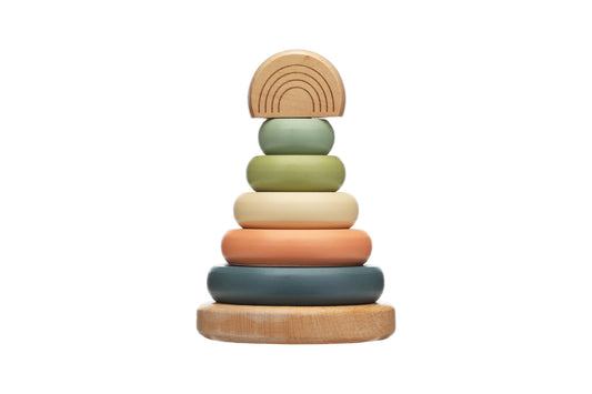 Wooden stacking rainbow tower toy, Montessori-inspired multicolor baby toy for 12 months and up