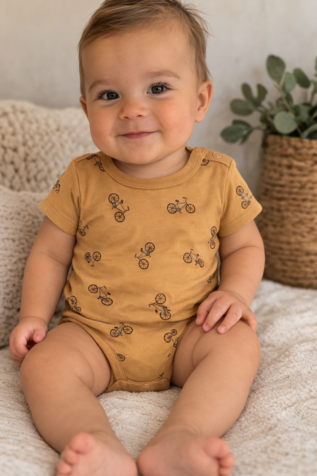 Baby wearing mustard bicycle print onesie sitting on a neutral blanket.