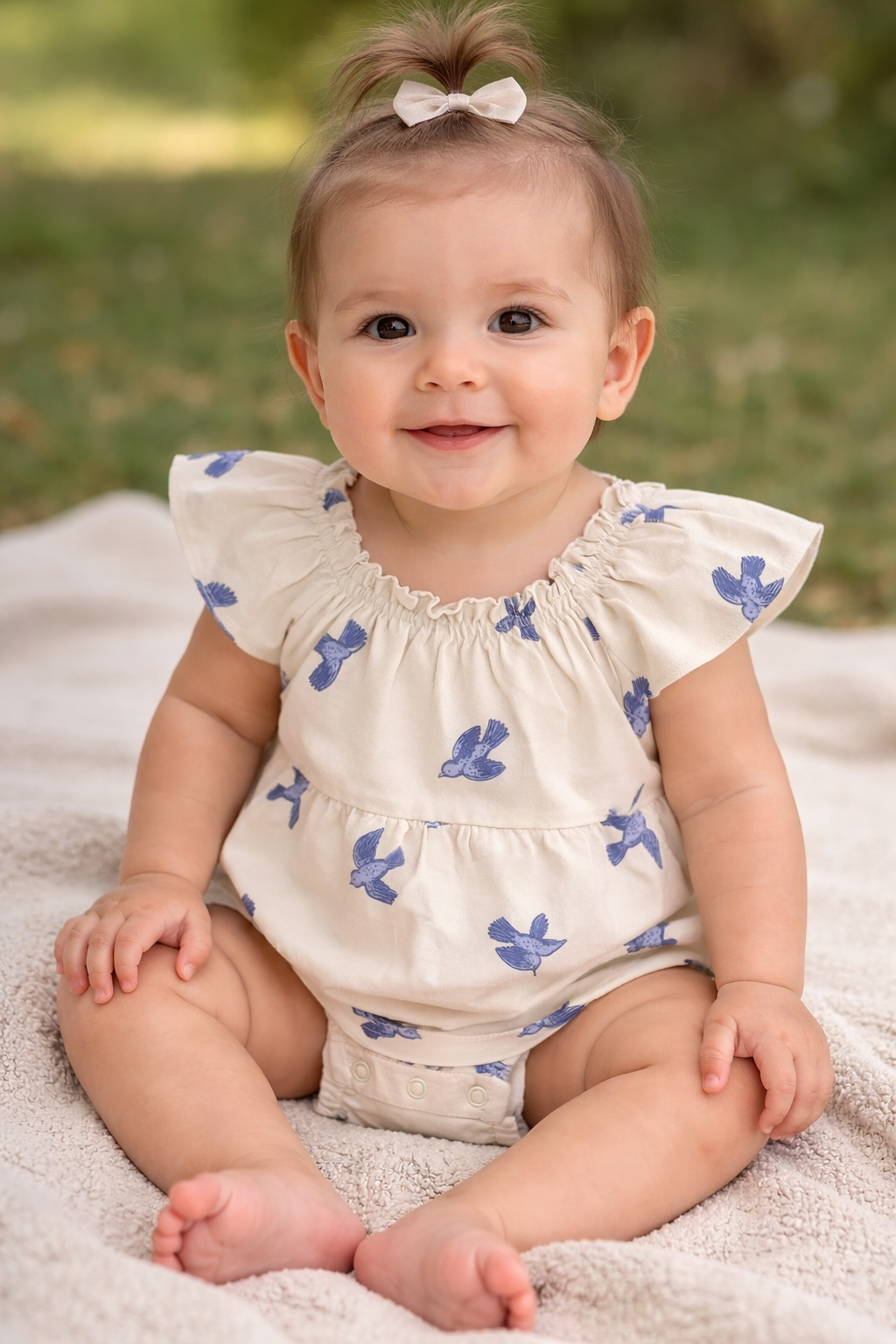 Baby girl modeling cream flutter sleeve romper with blue bird print.