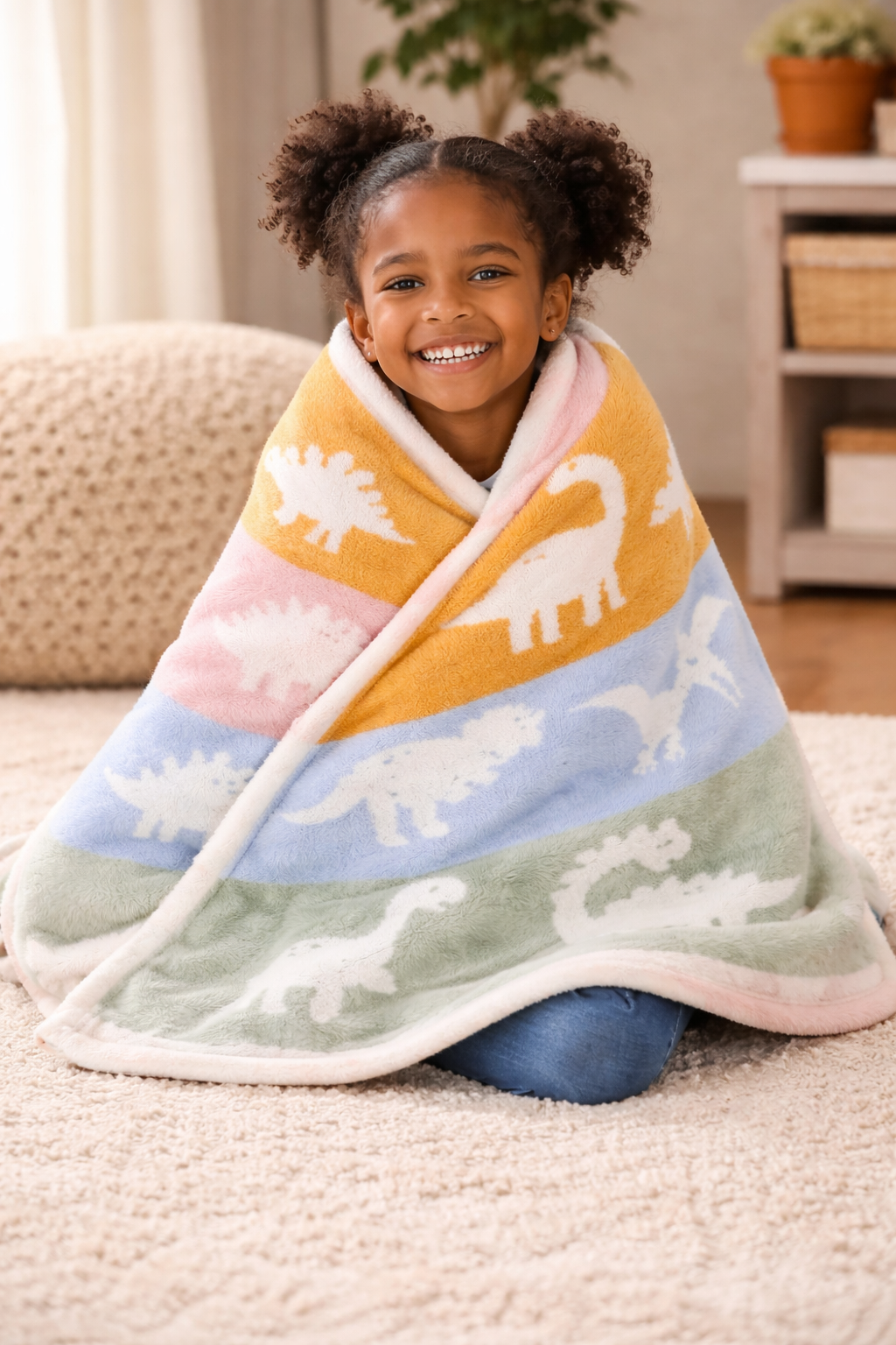 Smiling child wrapped in pastel dinosaur print baby blanket, showing cozy toddler-sized 29 x 35 inch reversible blanket