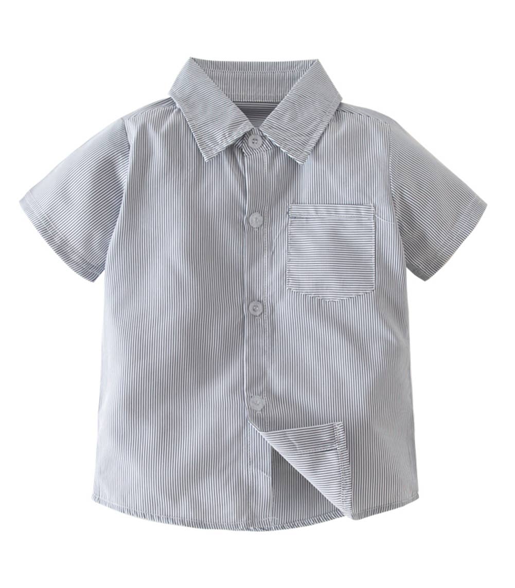 Grey Stripe Boys Cotton Button-Down Short Sleeve Dress Shirt | Lightweight Casual & Dress Outfit