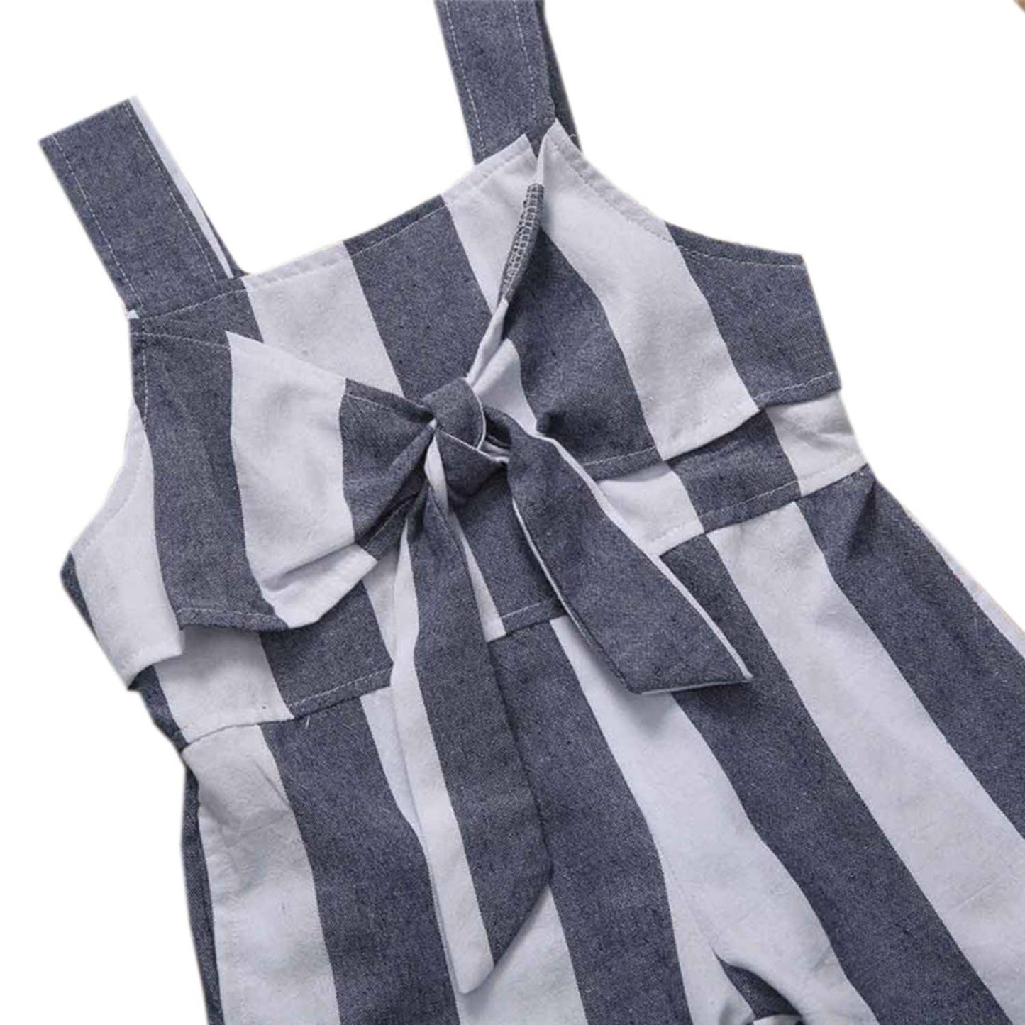 White & Grey Striped Sleeveless Girls Jumpsuit | Lightweight Summer Outfit for Kids