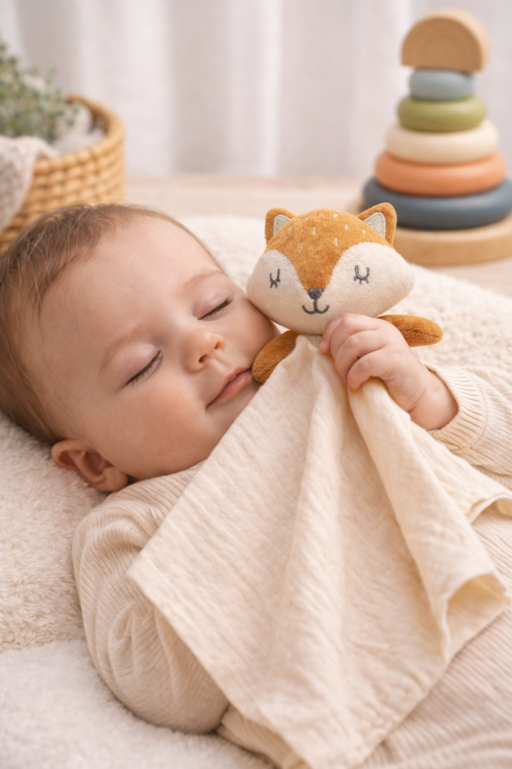 Sleeping infant cuddling a neutral fox lovey snuggle blanket in a cozy nursery, showing the soft muslin fabric and plush fox comfort toy