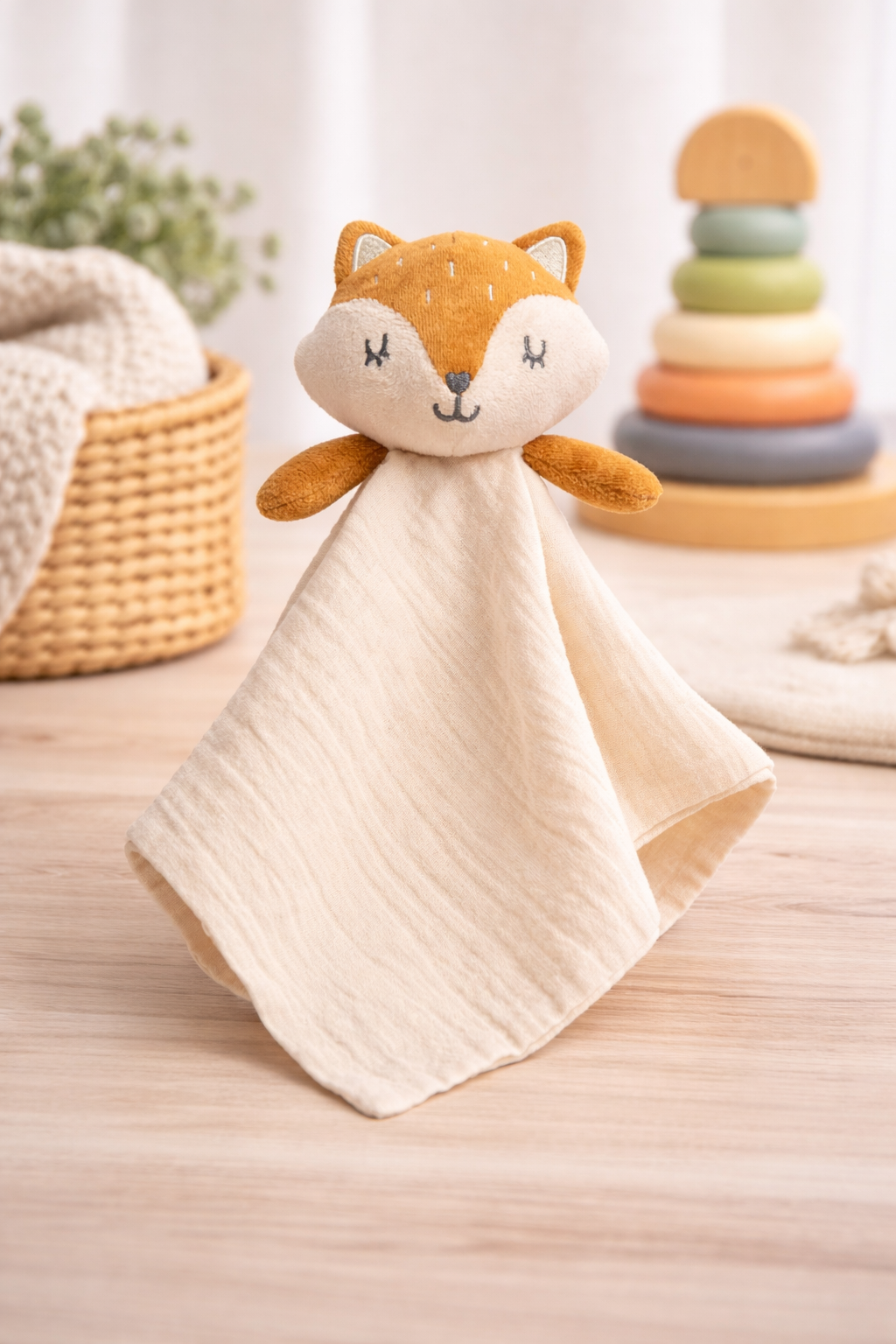 Neutral fox lovey snuggle blanket with soft cream muslin fabric and plush fox head, perfect as a baby security blanket or comfort toy
