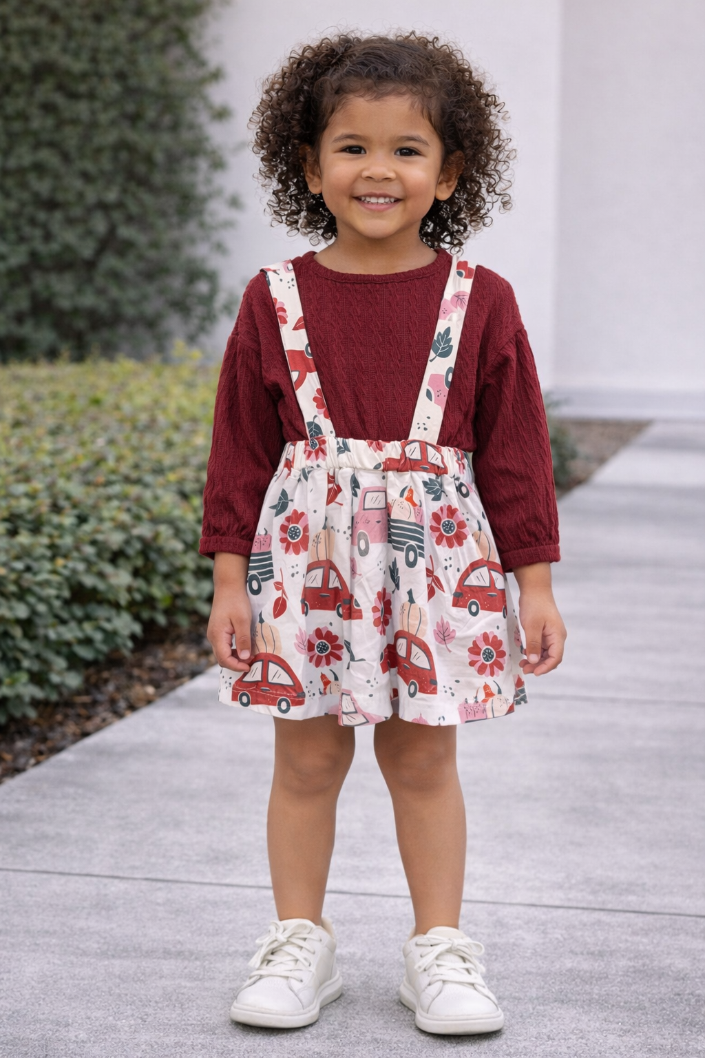 Four-year-old girl wearing a burgundy long sleeve top with a fall-themed suspender skirt featuring floral and car prints, styled for autumn play