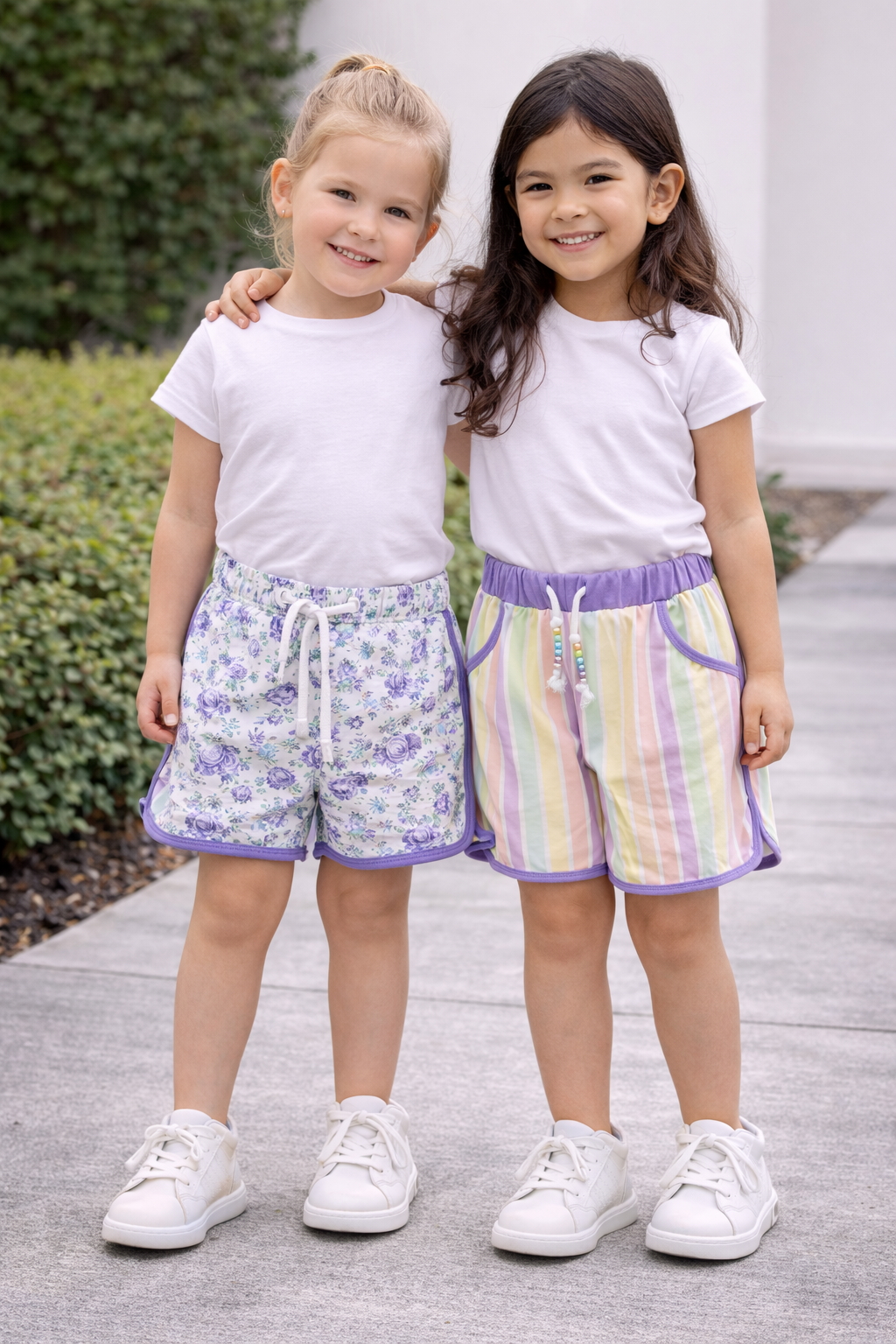 Two young girls wearing youth shorts, one in purple floral drawstring shorts and one in pastel striped shorts, styled with white tops and sneakers in an outdoor lifestyle setting