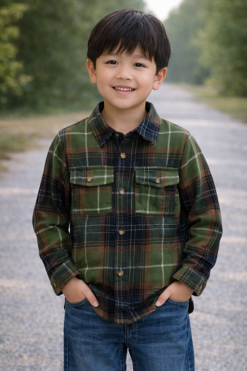 Boy model age 6–7 wearing a green plaid long sleeve button-up shirt