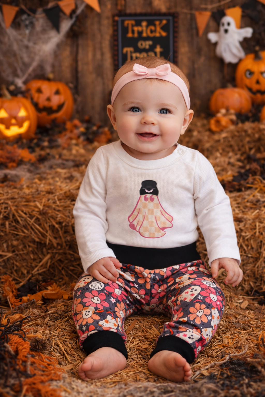 Full Halloween baby outfit featuring a white long sleeve ghost bodysuit paired with pink and black floral ghost print pants, styled on a hanger for infant wear.
