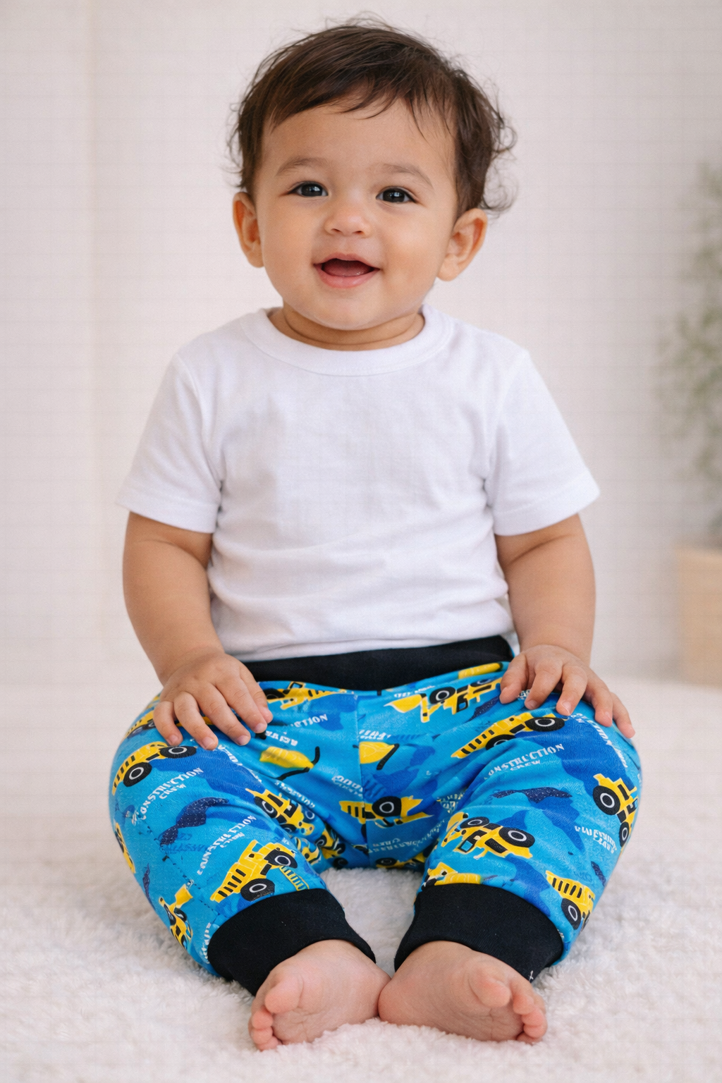 Infant wearing blue construction print pants with a plain white shirt, sitting on a soft surface in a neutral studio setting.
