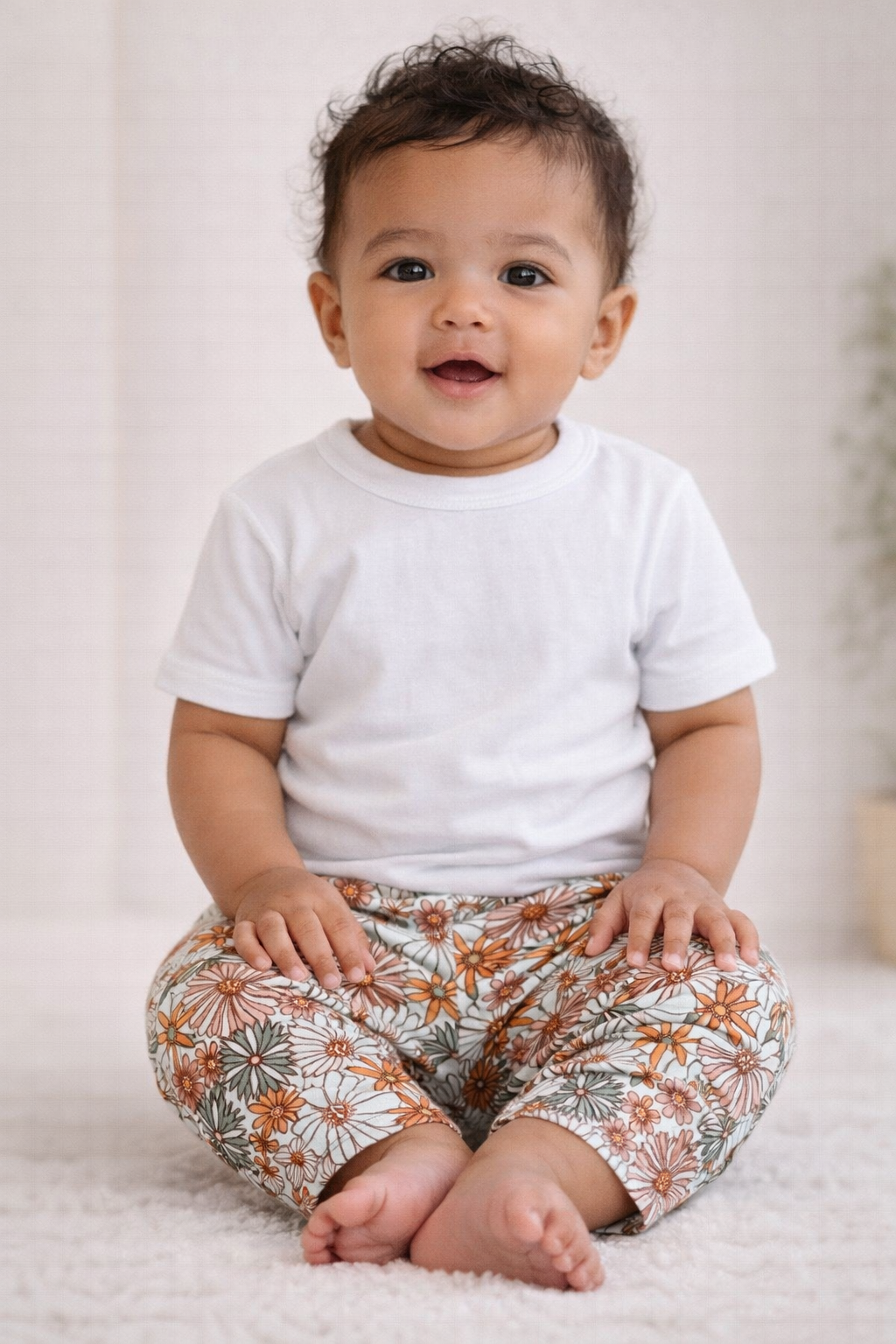 Infant wearing floral print leggings with a plain white t-shirt, sitting on a soft surface in a neutral studio setting.
