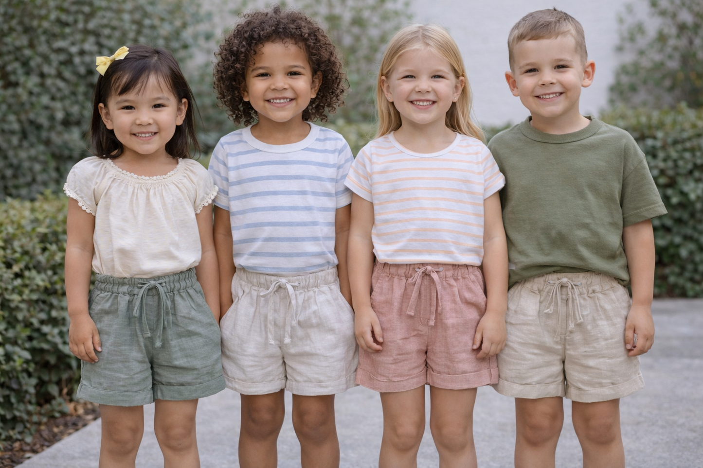 Diverse toddler and youth models wearing neutral linen shorts in sage green, cream, blush pink, and beige, showcasing soft elastic waist kids summer shorts
