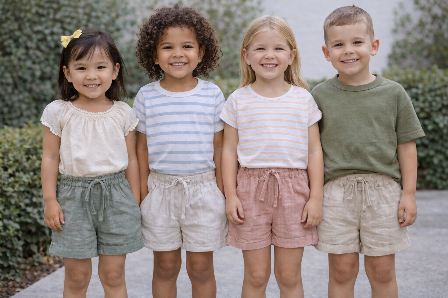 Diverse toddler and youth models wearing neutral linen shorts in sage green, cream, blush pink, and beige, showcasing soft elastic waist kids summer shorts