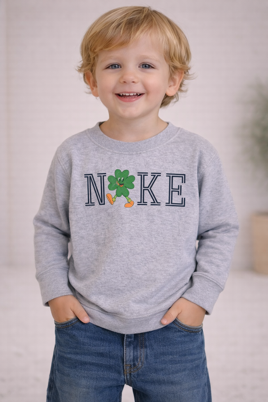 Toddler wearing a heather gray sweatshirt featuring a shamrock graphic and “NKE” text, standing in a neutral studio setting.