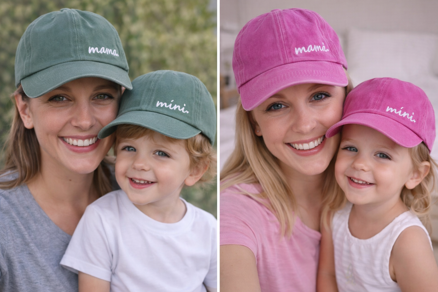 Mother and toddler daughter wearing matching pink “mama” and “mini” baseball hats, smiling together indoors. Mother and toddler son wearing matching olive green “mama” and “mini” baseball hats, smiling together outdoors.