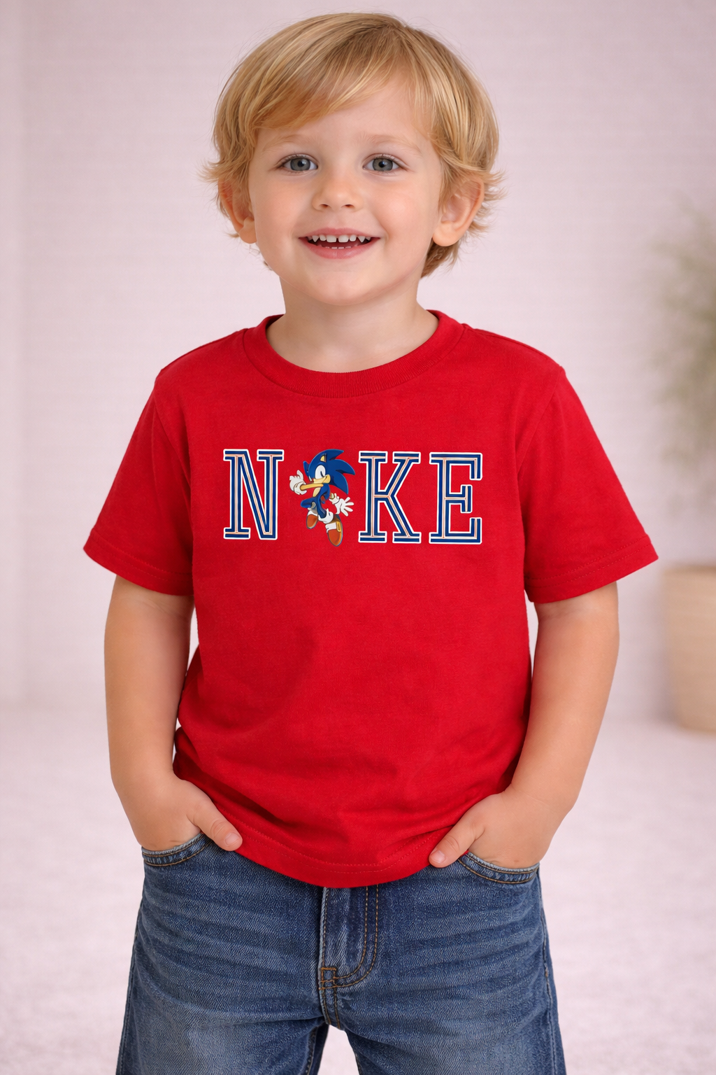 Toddler wearing a red short sleeve t-shirt with “NKE” text and a cartoon hedgehog graphic on the front, standing in a neutral studio setting.