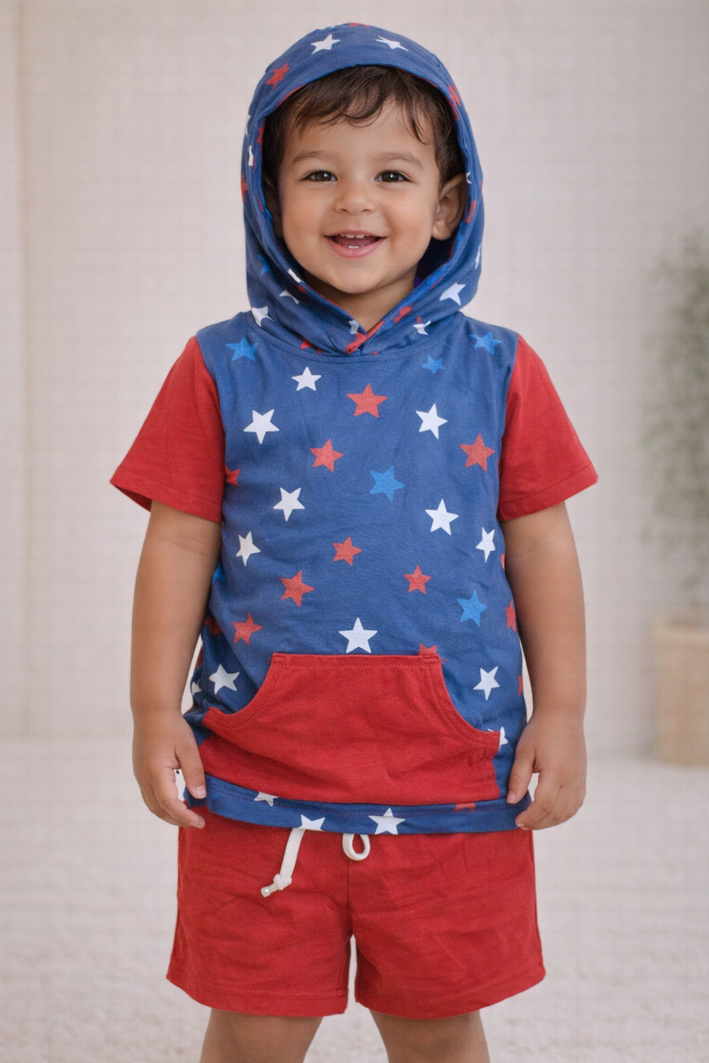 Toddler wearing a blue star print hooded top with red sleeves and matching red shorts, standing in a neutral studio setting.